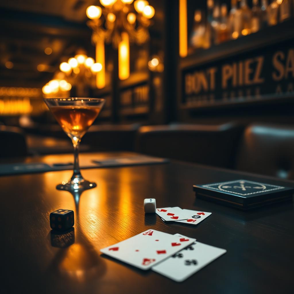 Cards and dice on a polished bar table for Dior Bar games night